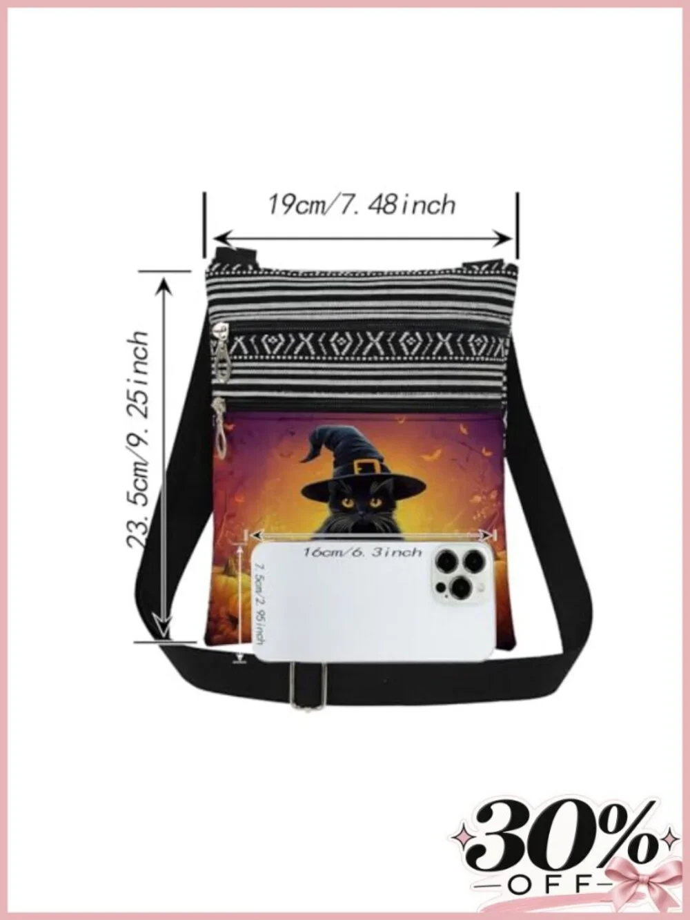 Halloween Cat Crossbody Bag with Adjustable Strap, Polyester, Pumpkin Messenger